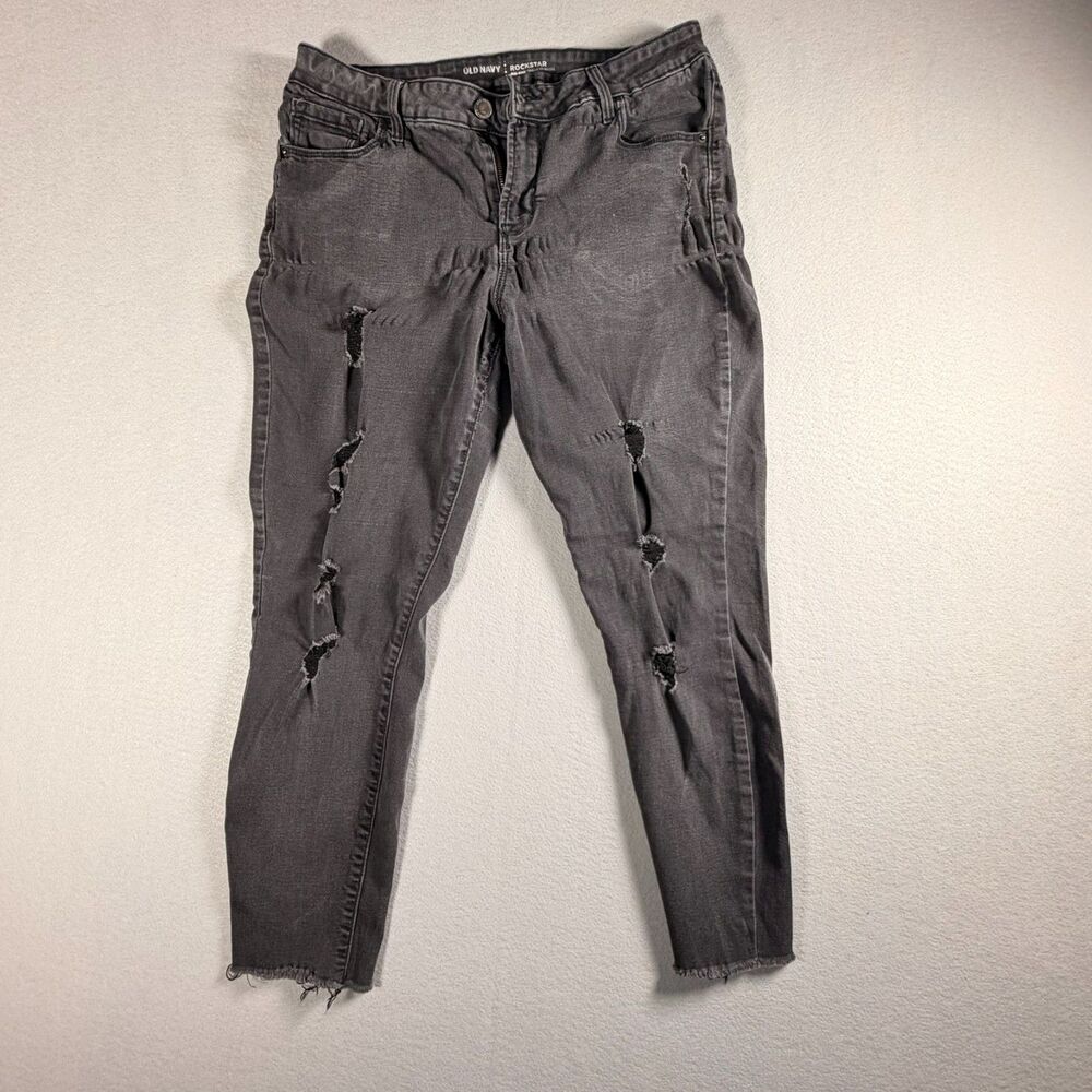 Old Navy Rockstar Women's Charcoal Gray Distressed Skinny Jeans Size 14 Raw Hem